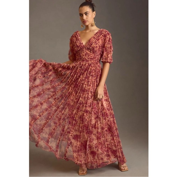 Mac Duggal Mesh V-neck Puff Sleeve Floral Ruffle Mesh Long Maxi Dress Sz 8 - Picture 1 of 17